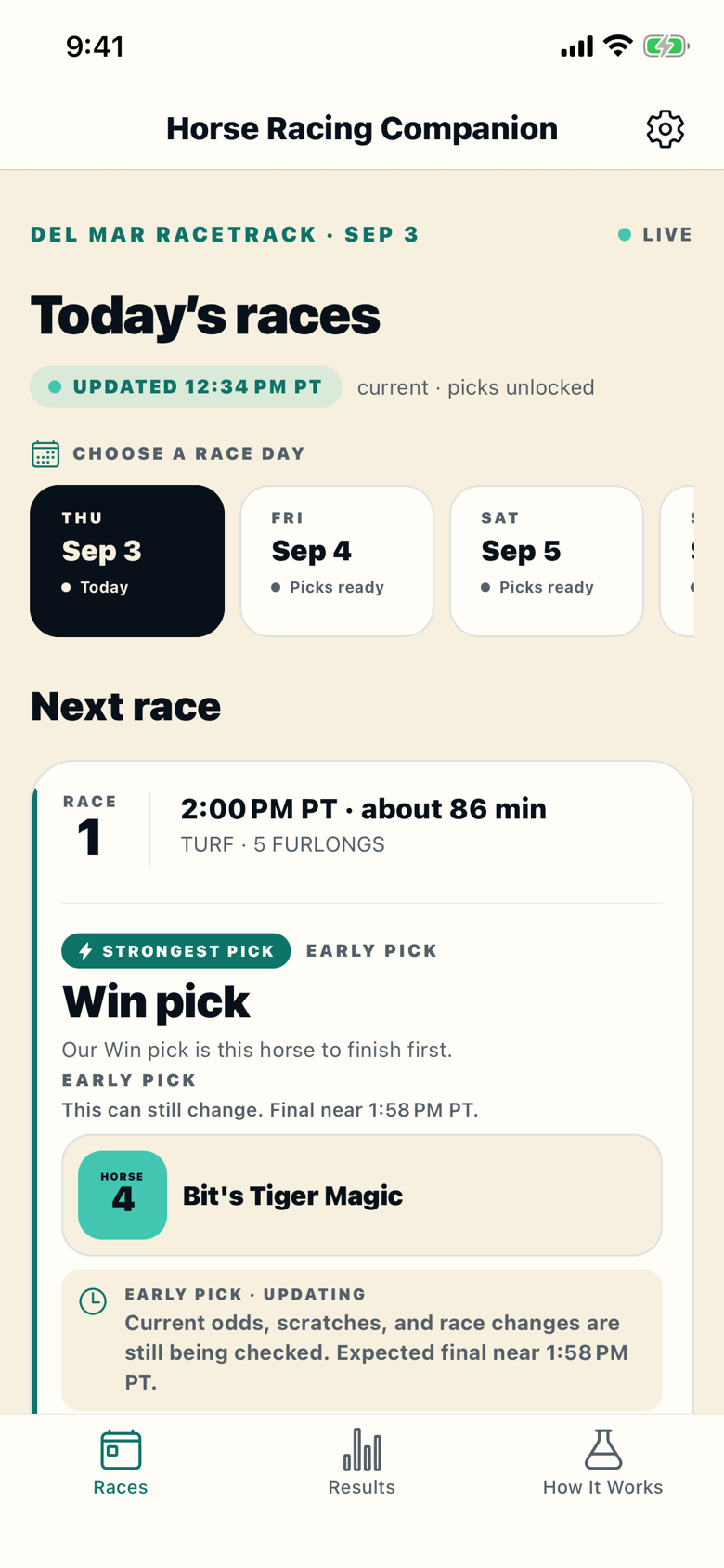 Races screen on race day: today’s Del Mar card for Thursday September 3 with picks unlocked, a row of upcoming race days, and the next race at the top with its early Win pick